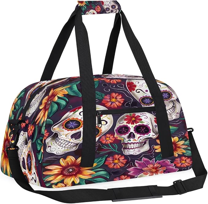 Travel Duffle Bag for travel duffle bag sports Girls Boys Kids Gothic Candy Skull Flowers Lightweight Overnight Sleepover Weekender Bags Small Dance Gym Sport Bag Teens Carry-On Size Workout Bag