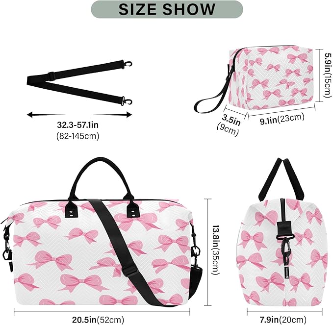 Pink Bow White Background Pattern Travel Duffle Bag Gym Yoga Carry on Bags for Men Women Weekender Bag