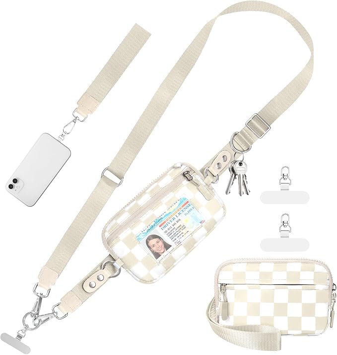 Clip and Go Strap for Phone with Wallet Crossbody Phone Lanyard and Detachable Checkered Bag with ID Window and RFID Pouch for Daily Travel.