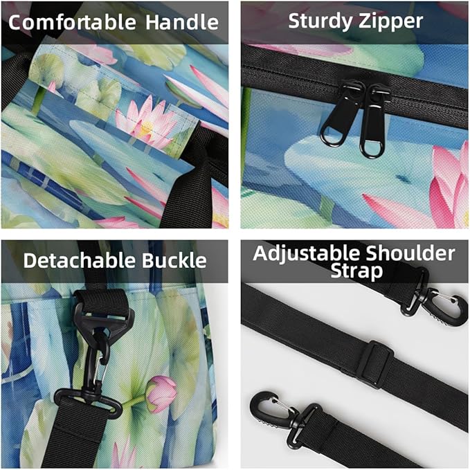 Duffle Bag for Women Men, Pink Lotus Blue Pond Gym Bag for Travel Sports, Lightweight Waterproof Weekender Overnight Bags with Adjustable Strap