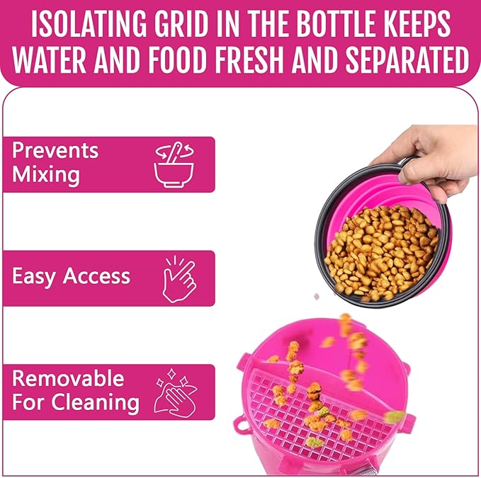Dog Travel Water Bottle W/Collapsible Bowls - Portable 2 in 1 Leakproof Pet Water Bottle Food Container Ideal for Travel, Outdoor Portable Water Bowls for Walking, Camping & Hiking - (Pink)