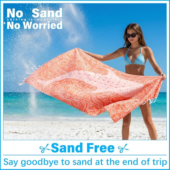 Thin Turkish Beach Towel Lightweight Soft Cotton Extra Large XL Oversized Sand Free Sandproof Absorbent Quick Dry Towels Cloud Bath Pool Travel Compact Essentials Accessories for Adult Gifts