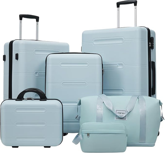 Merax Luggage Set 6 Piece,Lightweight Hardshell Suitcase with Double Spinner Wheels Handle Password Lock,14 IN Cosmetic Case 20/24/28 IN Luggages with Duffel Bag and Toiletry Bag,Light Blue