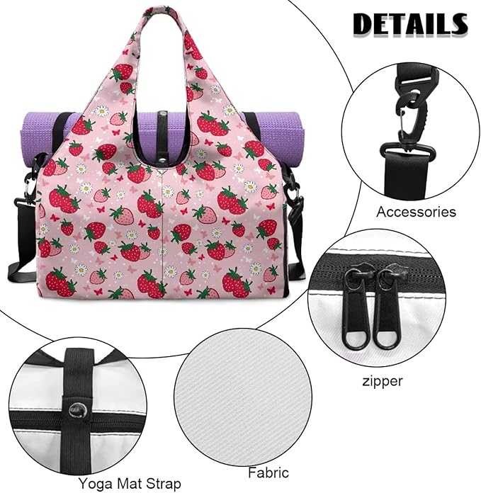 Strawberry Butterfly Flower Gym Bag for Women with Shoe Compartment Ladies Fashion Mini Travel Duffle Bag Lightweight for Overnight Weekender Yoga Swim Dance Short Trip, Pink