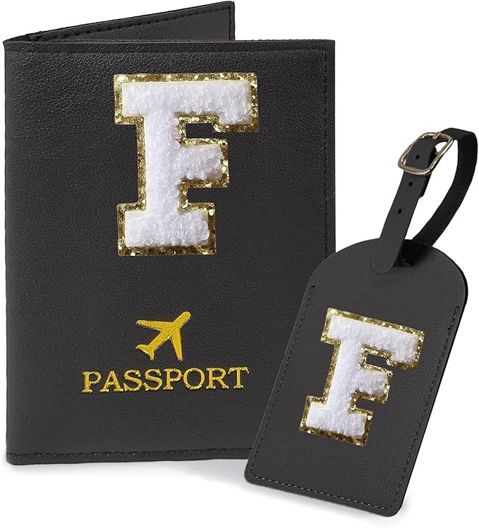 COSHAYSOO Black Passport Cover and Luggage Tag Set TSA Approved with Her Initial Chenille Letter Patch, Monogrammed Travel Bag Backpack Suitcase Identifier Gifts for Mom Women Teacher (F)