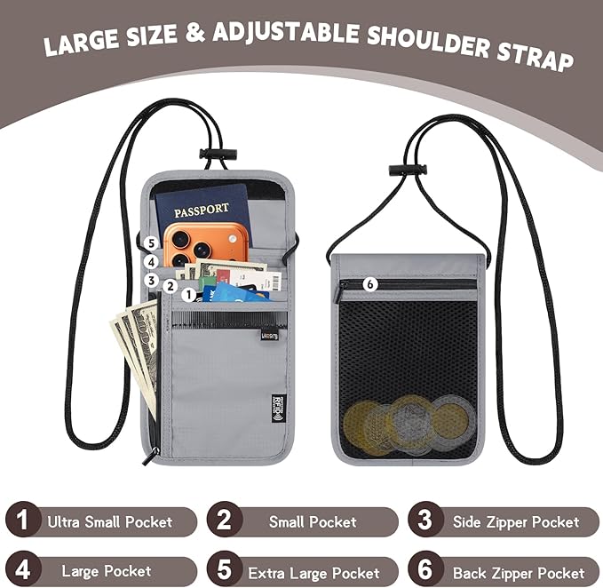 5.5" L x 7.9" W Travel Neck Wallet, RFID Blocking Passport Holder for Travel Women Men, Security Lightweight Travel Wallet, Neck Passport Pouch Gifts for Traveling(Light Grey)