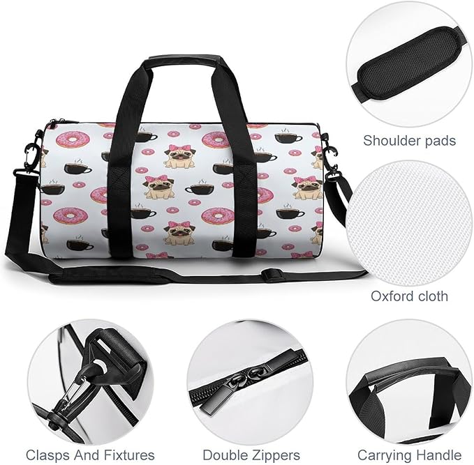 Weekender Carry on Beach Yoga Overnight Luggage Bag Gym Sports Travel Workout Bag Overnight Bags (Funny Dogs Pug Puppies Pattern Donut Coffee)