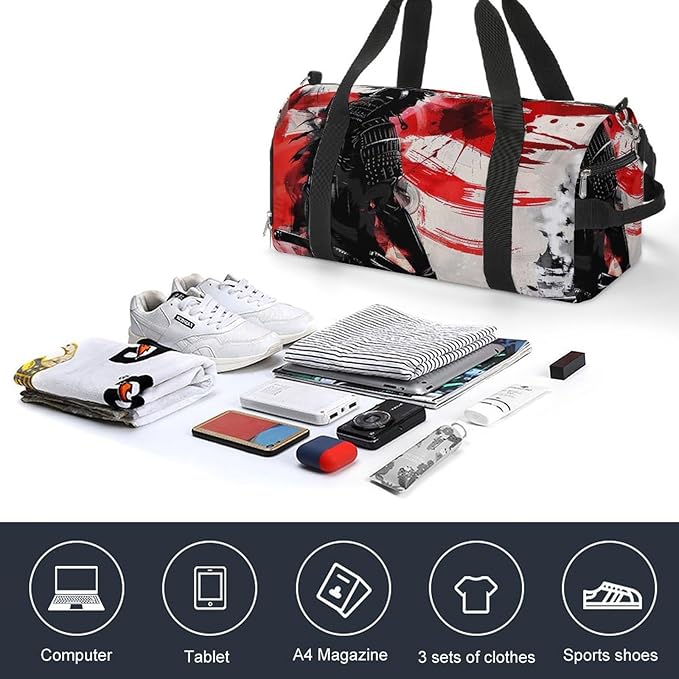 Japan Samurai Sport Gym Bag for Men Women Japanese Flag Travel Duffel Bag with Wet Pocket Shoes Compartment Carry on Pack for Workout Overnight Weekend Trip