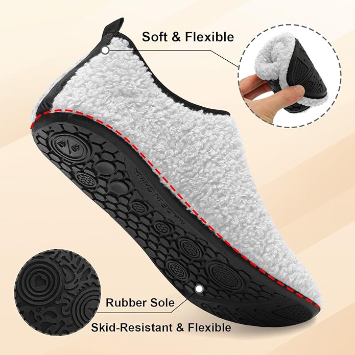 QFH Womens & Mens Cozy House Slippers - Portable Travel Shoes with Flexible Rubber Sole & Soft Velvet Lining
