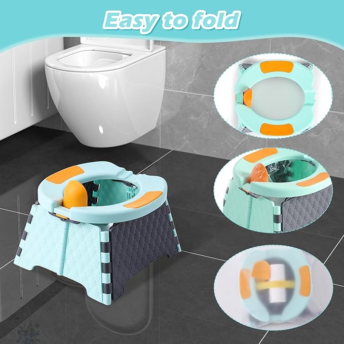 Portable Foldable Travel Potty for Toddlers, Kids Toilet Seat for Car, Camping, Indoor Outdoor - Splash-Proof Design, Easy Clean Training Seat with 30 Disposable Waste Bags (Blue) by Yszawmx