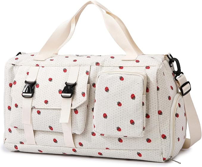 MYHOZEE Strawberry Corduroy Duffel Bag for Women, Gym Bag with Shoe Compartment & Wet Dry Pocket, Lightweight Travel Bag with Adjustable Strap, Sports Weekender Overnight Bag for Work Swimming Yoga