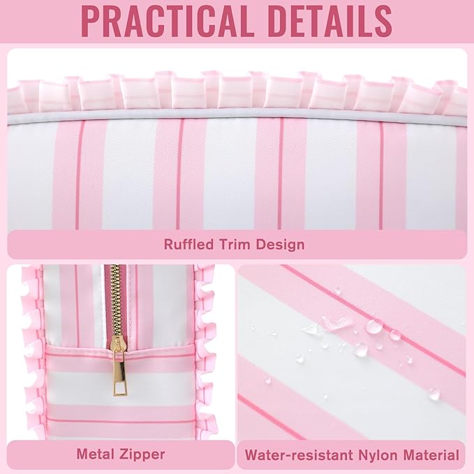 Stripe Ruffle Makeup Bag,Large Travel Cute Cosmetic Bag for Women Girls,Toiletry Bag Make up Organizer 11.8 x 4.7 x 9 inch (Pink Stripe)