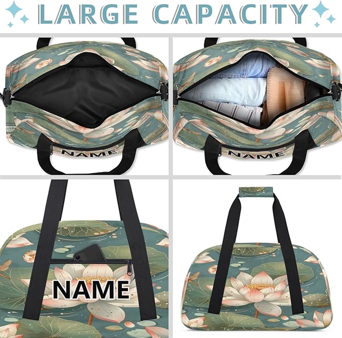 Lotus Flower Mini Gym Bag 18 inch for Women Men Waterproof Custom White Pink Lotus Travel Duffel Bag Carry On Overnight Tote Nurse Bag for Work Fitness Hiking