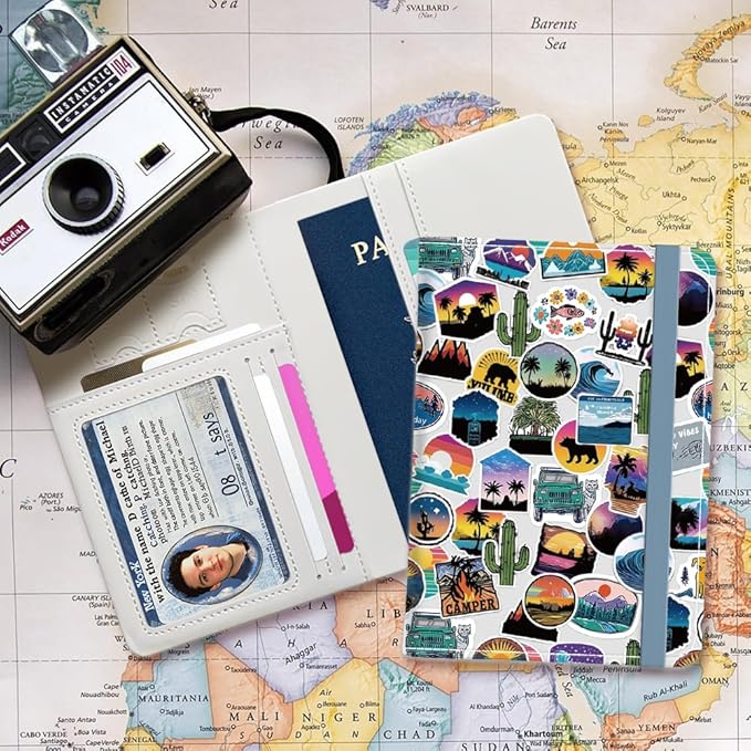 PU Leather Passport Holder Cover 5.9×4.3 Inch with Credit Card Slot and Boarding Pass Slot Combo Blocking Passport Holder Wallet Cover Case for Travel Boarding Essentials (Sticker)