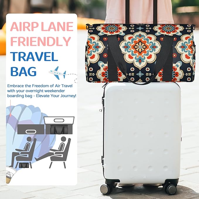 Beige Floral Overnight Travel Bag Unisex Dark Blue Carry-On Size Tote Bag Suitable for Travel Duffle Gym Sports