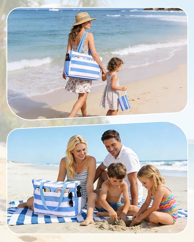 WANDF Beach Bags for Women, Large Waterproof Sandproof Beach Tote Bag with Zipper Family Pool Bags with 40oz Tumbler Pocket, Swim Cruise Vacation Essentials (Blue) | 40oz Tumbler Pocket