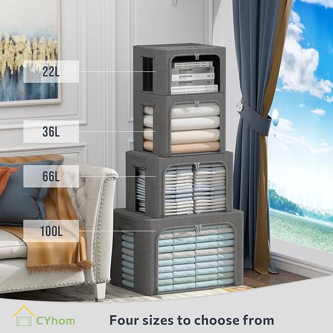 Clothes Storage Bins Box - Linen Fabric Foldable Stackable Container Organizer Set with Clear Window & Carry Handles & Metal Frame - 2Pack Large Capacity for Bedding, Blankets, Books