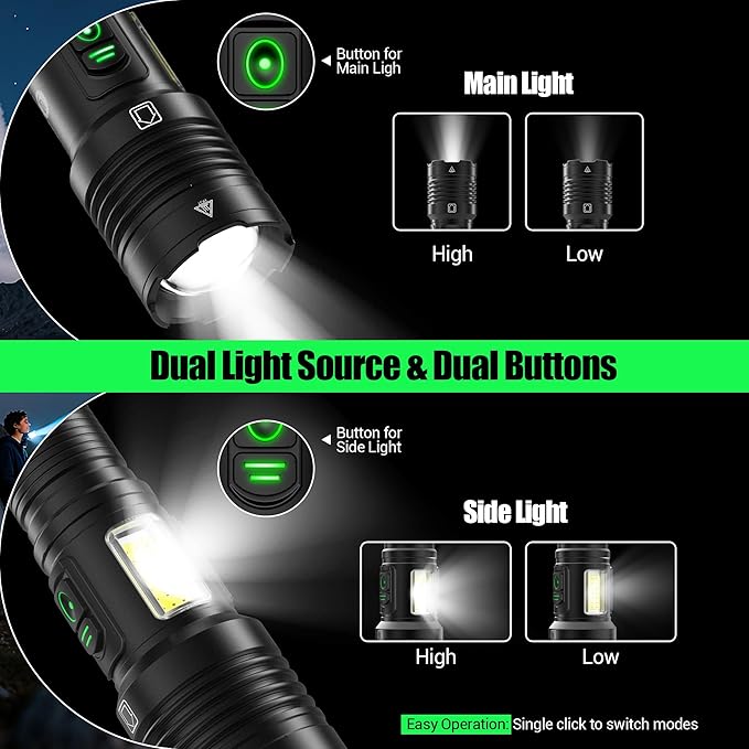 Rechargeable Flashlights High Lumens 100000 with Side Light - 2 Pack, Super Bright 30W LED, Dual Source Light Buttons, Long Lasting 15H, Quick USB C Charge, Handheld 6.81” Length, for Hiking Home Gift