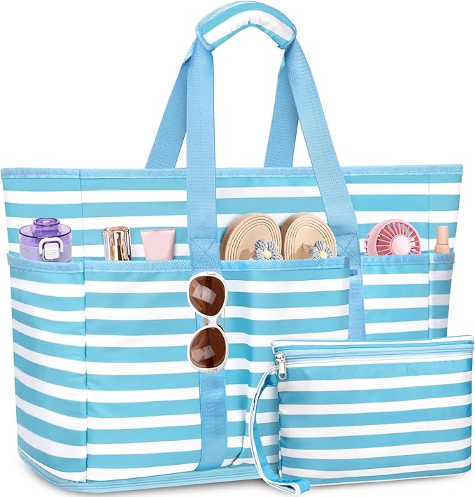 Large Beach Bag with Zipper, 12 Pockets Waterproof Sandproof Pool Bag Womens Mesh Beach Tote Bag for Travel Vacation
