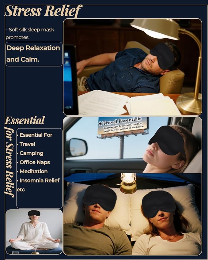 3D Silk Sleep Mask, Eye Pillow for Insomnia Relief (Black)