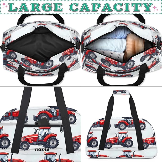 Personalized Boys Gym Bags, Custom Name Sport Bags for Training Travel Overnight Weekender，Red Tractor