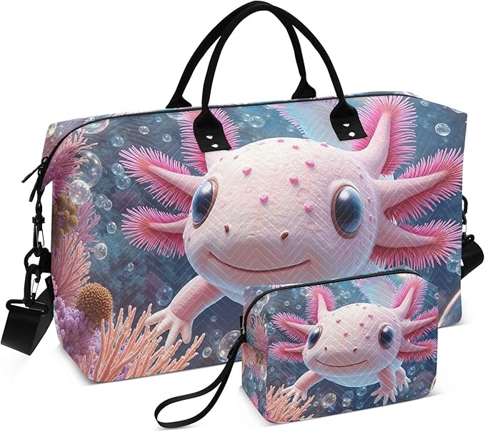 Travel Duffle Bag, Submarine Coral Axolotl Gym Bag with Storage Bag Weekender Overnight Bag for Men Women Trip Sports Yoga