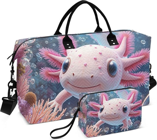 Travel Duffle Bag, Submarine Coral Axolotl Gym Bag with Storage Bag Weekender Overnight Bag for Men Women Trip Sports Yoga