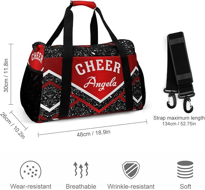 Personalized Name Sports Player Duffel Bags Red Cheer Maroom Cheerleading Black Travel Perform Training Waterproof Casual Bag Weekender Overnight Bag