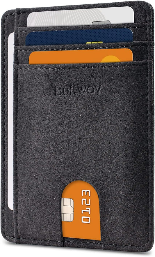 Buffway Slim Minimalist Front Pocket RFID Blocking Leather Wallets for Men and Women - At Sahara Carbon Black