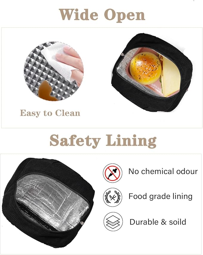 Cute Lunch Box Tote Bag - Corduroy Insulated Cooler Bags for Women - Lightweight Reusable Portable Soft Lunch Pail Kit for Kids Teen Girl Adults Work School Picnic Travel Black 8L
