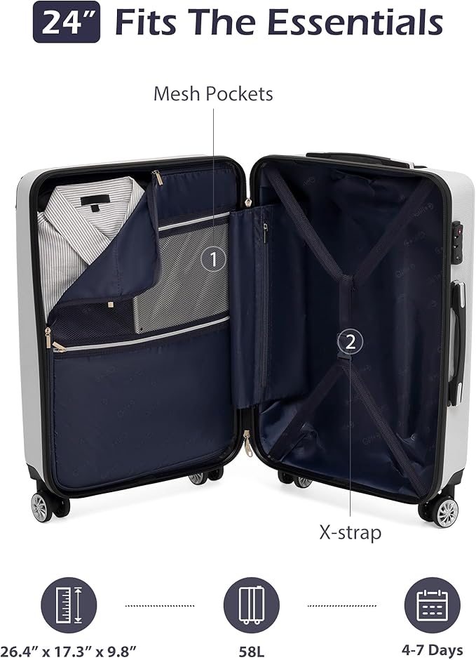 Coolife Luggage, Suitcase with Durable and Lightweight, Checked Luggage with PC+ABS Hardshell, Dual Spinner Wheels, TSA Lock, and YKK Zipper (white grid new, M(24in))