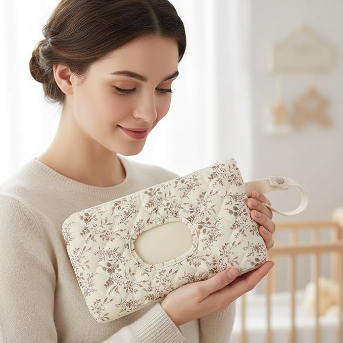 Quilted Baby Wipe Holder Quilted Wipe Pouch Portable Hanging Floral Wet Wipes Bag for Car, Stroller