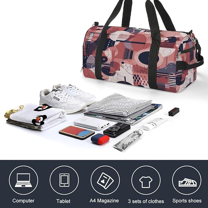 Soft Geometric Style Gym Bag Lightweight ，Travel Duffle Bag with Shoe Compartment，Gym Bag for Women for Overnight, Weekend, Yoga, Gym, Business Trips, Sport And Hospital.