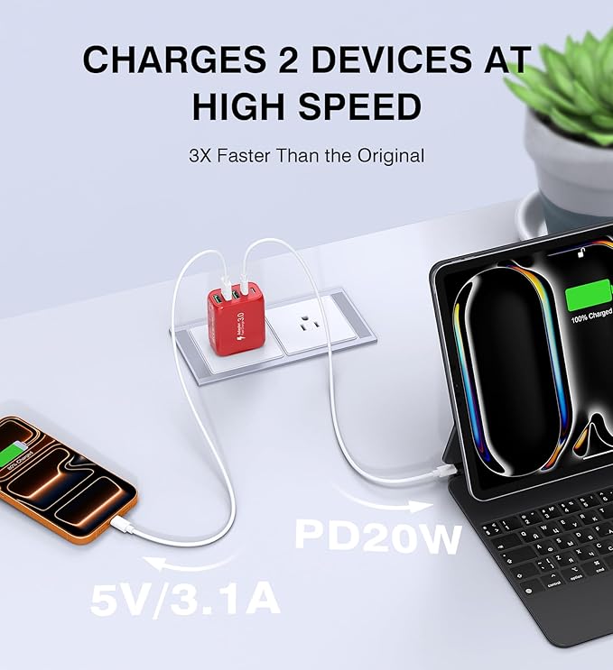 50W USB C Wall Charger, 2Pack 5-Port C Charger Fast Charging Block PD Power Adapter +QC 3.0 Multiport Type C Box Brick Cube USB A Wall Plug for iPhone 14/15/16/17 Pro Max, iPad,Samsung Galaxy(Red)