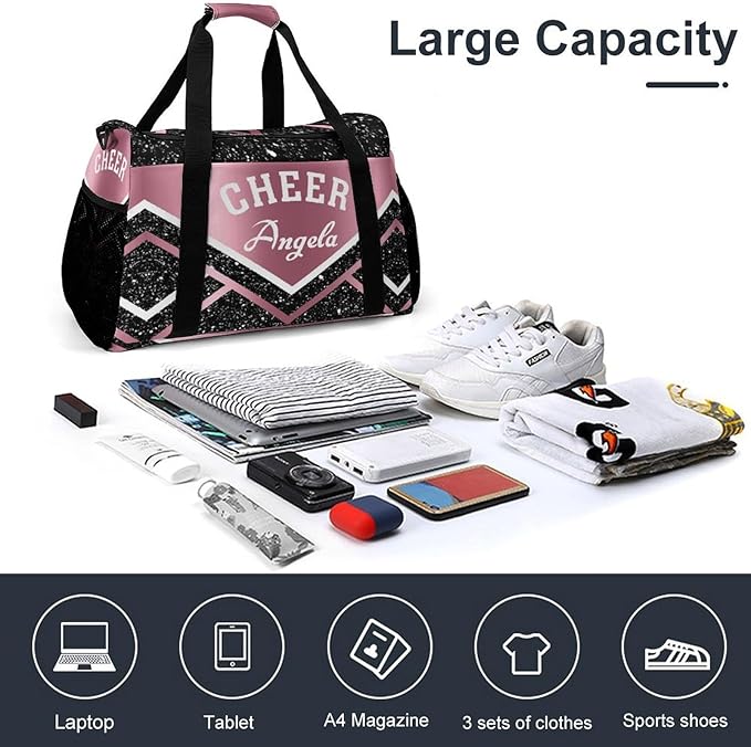 Cheer Pink Black Stripes Sequin Print Waterproof Duffel Bag, Adjustable Shoulder Strap Pack, Perform Training Travel Bag for Teens Adults Women Men