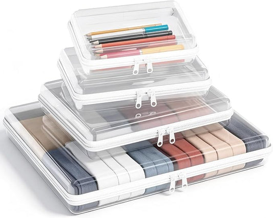 4Pcs Clear Hard Shell Zipper Case -Transparent Pouch Bag Storage Case Plastic Packing Cube Sided Organizer Container Box, Lightweight Foldable for Travel, Pencil, Cosmetics, Toiletry, Toy(SMLXL)