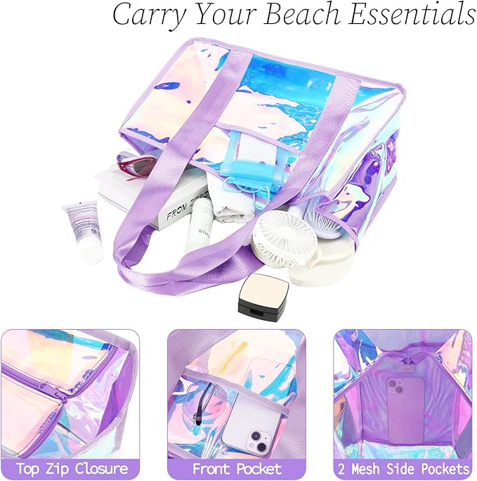 Iridescent Clear Beach Bag for Women, Large Pool Tote Cruise Vacation Essentials - Waterproof, Zipper Closure