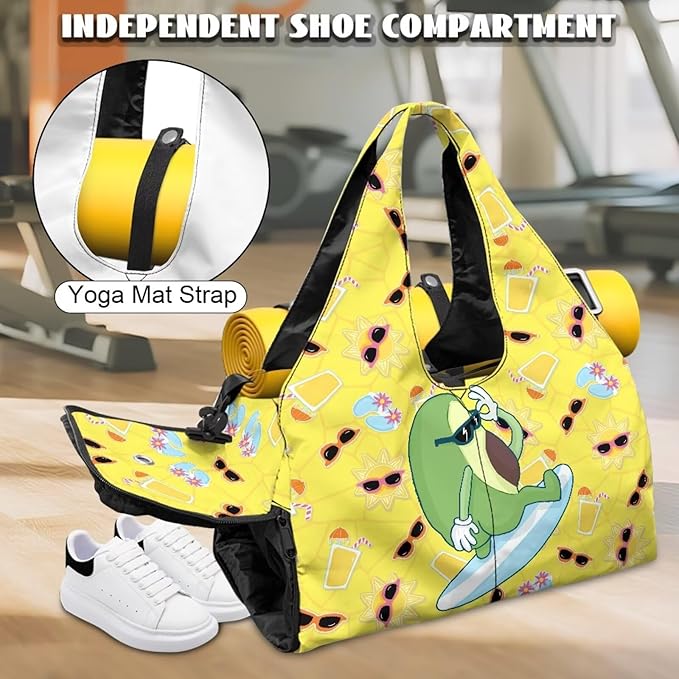 Cute Avocado Print Sports Bag with Shoe Compartment, Lightweight Yellow Duffel Bag with Yoga Holder Pockets Fitness Workout Multi-Functional Black Gym Bag with Wet Pockets