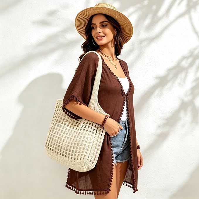 ENBEI Women Foldable Beach Tote, Washable Lightweight Beach Bag, Eco-Friendly Knit Shoulder Purse for Travel/Shopping/Gifts
