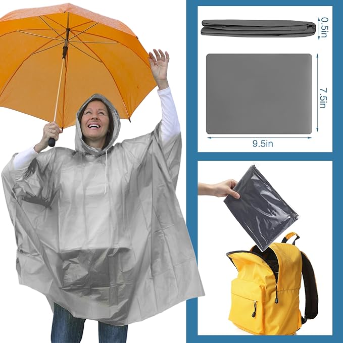 Zhehao 10 Pcs 10 Pcs Rain Ponchos for Adults with Drawstring Hood Reusable Raincoats Waterproof Thickened Rain Jacket for Men Women (Gray)