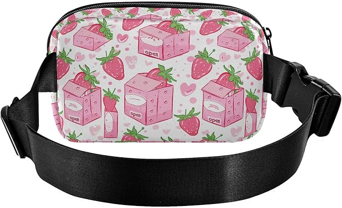 Kawaii Pink Strawberry Milk Fanny Pack for Women Men Water Resistant Fashion Waist Packs with Adjustable Strap Belt Bag for Travel Workout Jogging Hiking 21219122