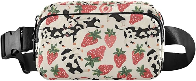 Kawaii Strawberry Cow Print Fanny Pack for Women Men Water Resistant Fashion Waist Packs with Adjustable Strap Belt Bag for Travel Workout Jogging Hiking 21219440