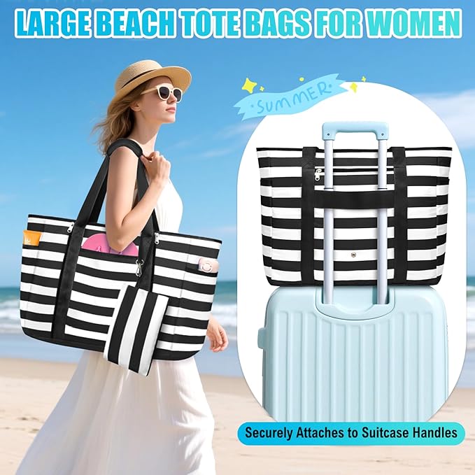 Extra Large Beach Bags for Women, Waterproof Sandproof Beach Tote Bag Foldable Swim Pool Bag with Zipper and Wet Pocket