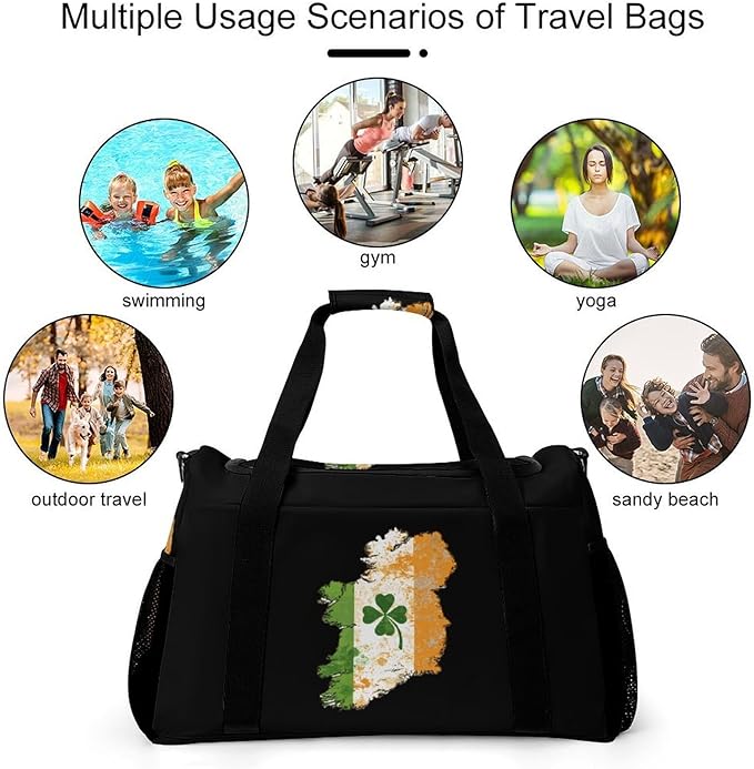 Irish Ireland Map Flag Clovers Duffle Bag Gym Bag for Workout Travel Tote with Detachable Straps