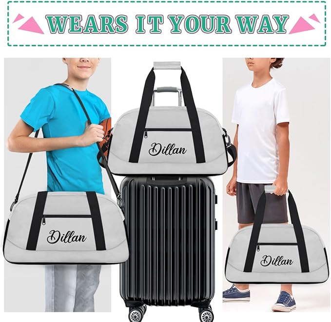 Custom Name Gym Duffel for Kids,Personalized Sports Bag Lightweight Gym Bags for Boys & Girls,Fitness Travel Weekender for Travel, and Workout Light Gray