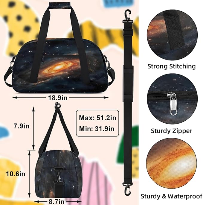Sports Duffel Bags, Orange Light Galaxy Print Water-Resistant Gym Duffle Bag for Men Women, Lightweight Weekender Overnight Bag for Fitness, Workout, Travel