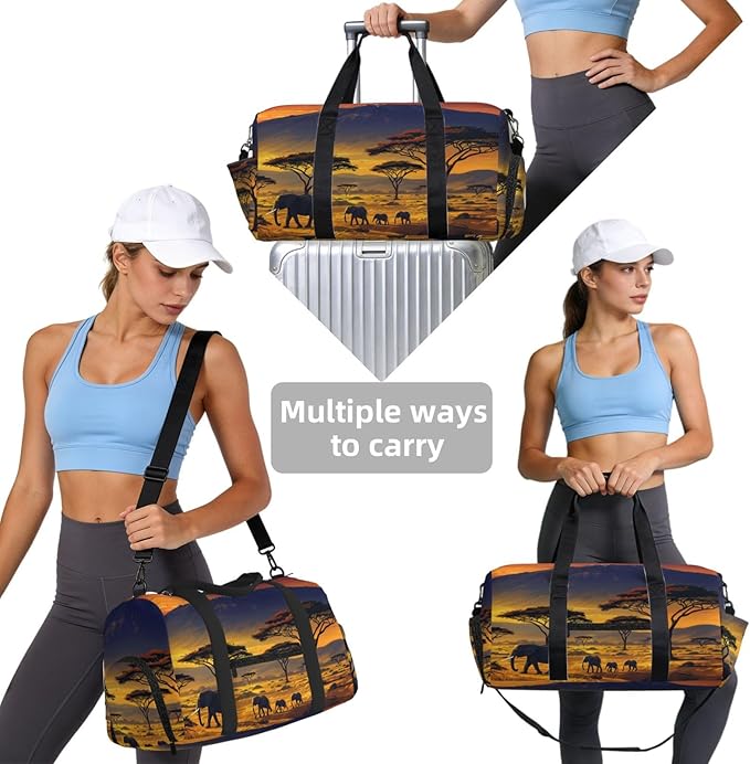 African Savanna Sunset Print Gym Bag with Shoe Compartment for Women Men, 17.7in Sports Duffle Weekender Tote, Overnight Travel Duffel Bag Carry On