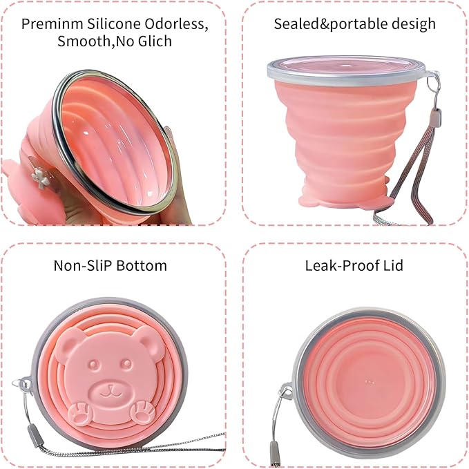 Collapsible Cups, Silicone Collapsible Travel Cup-Expandable Folding Camping Drinking Cup with Lids Reusable Small Portable Mugs-Cups for Travel, Camping, Hiking, Outdoor Sports Pink White