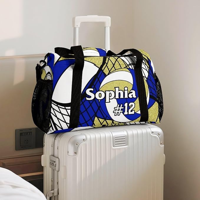 Custom Volleyball Deep Blue Gold Duffel Bag with Name Personalized Travel Bags Sport Gym Bag Carry On Weekender Bags for Men Women