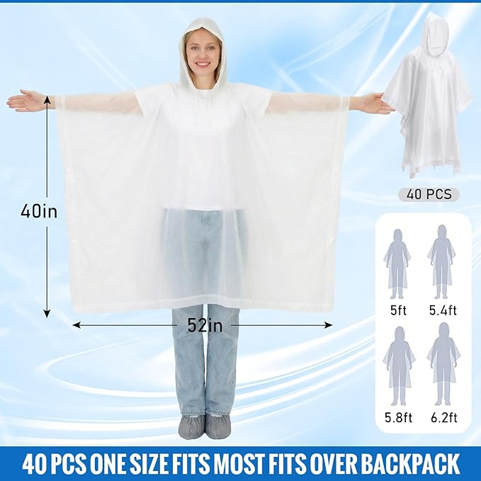 Zhehao 40 Pcs Rain Ponchos for Adult Homeles Bulk Reusable Raincoat with Drawstring Waterproof Plastic Raincoat for Men Women